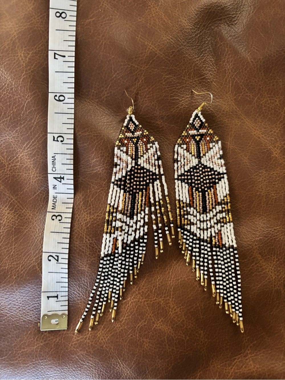 Handcrafted Beaded Fringe Drop Earrings in White, Black & Gold